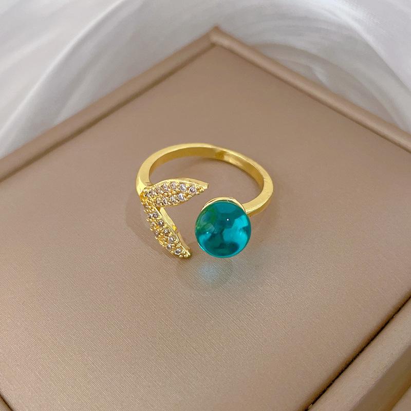 Real Gold Korean Version Super Flash Emerald Crystal Fishtail Ring Opening Adjustable Simple Hand Japanese Ring