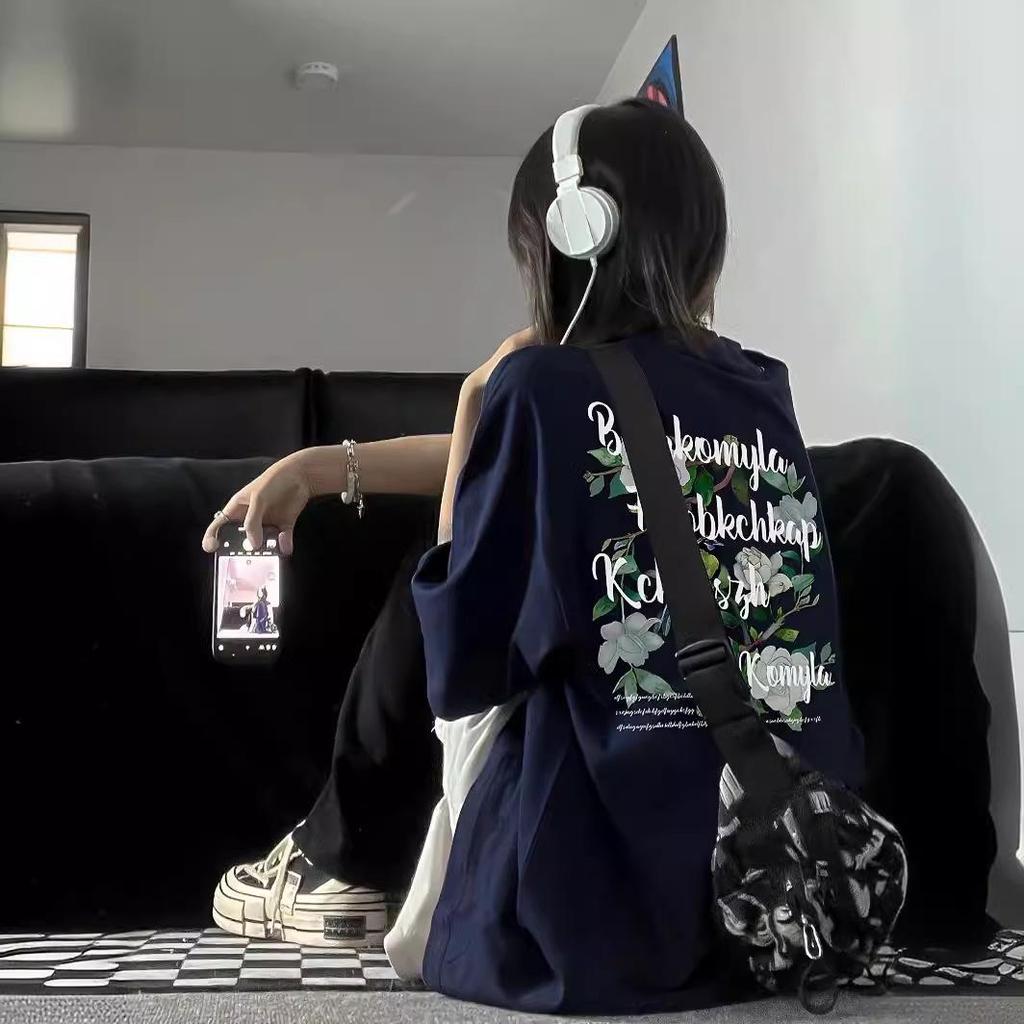 Harajuku Style Green Ink Print Loose Casual Short Sleeve T-shirt for Women