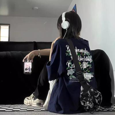 Harajuku Style Green Ink Print Loose Casual Short Sleeve T-shirt for Women