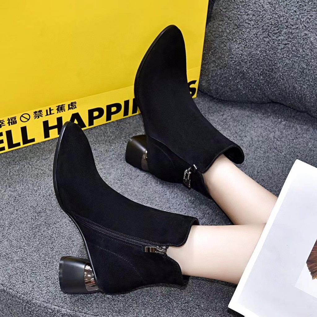 Pointed short boots fashion boots women's new black sheepskin coarse heel cotton boots two heights