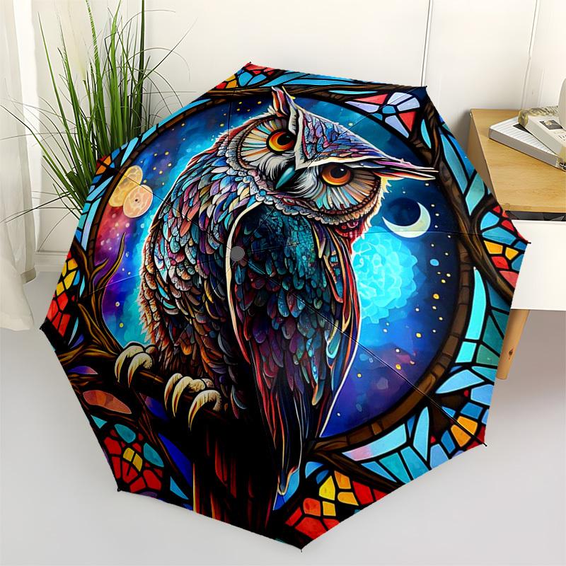 1pc Stained Glass Owl Design Automatic Opening Folding Umbrella with 8-Bone Iron Frame, Suitable for Fans, Travel, Daily Use, and Gift Giving.SS057