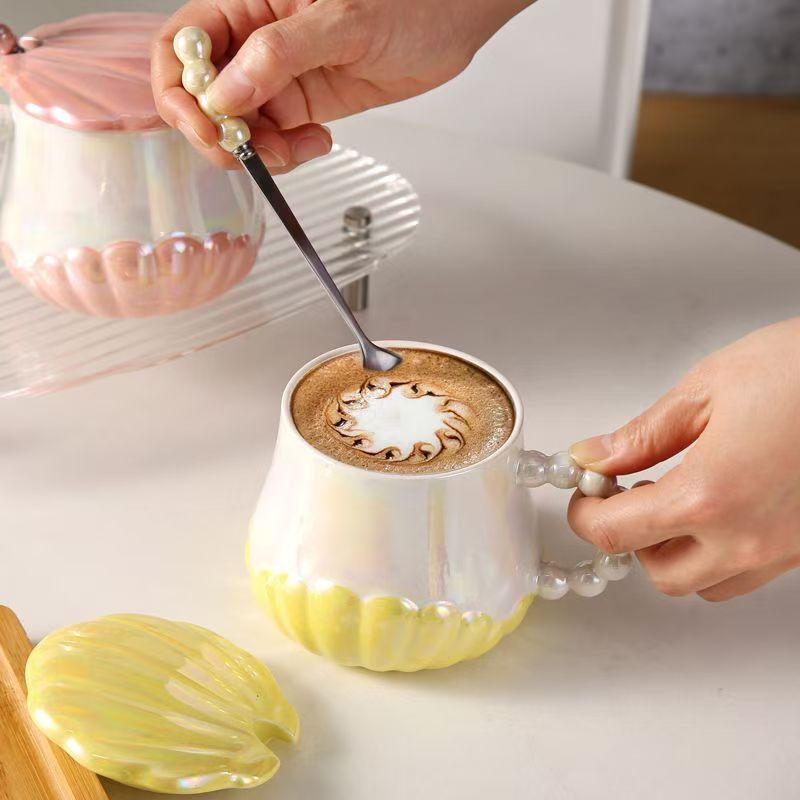 400ml Colorful Pearl Ceramic Mug with Cover and Spoon High Appearance Level for Home Breakfast Milk Tea Cup Coffe Cups