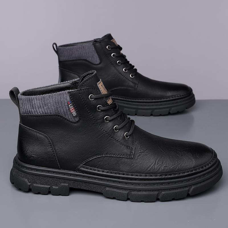 Fashion British Style Winter Velvet Cotton Shoes Outdoor Men's High Top Workwear Shoes Office Commuting Versatile Men's Business Boots