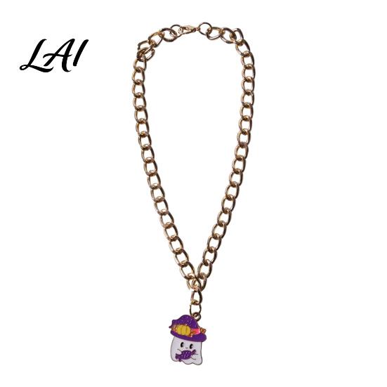 Halloween Themed Pet Accessories Chain Collar Metal Cat Collar with Witch Ghost Strong Necklace Pendant Festive Pumpkin Skull Charm for Cats