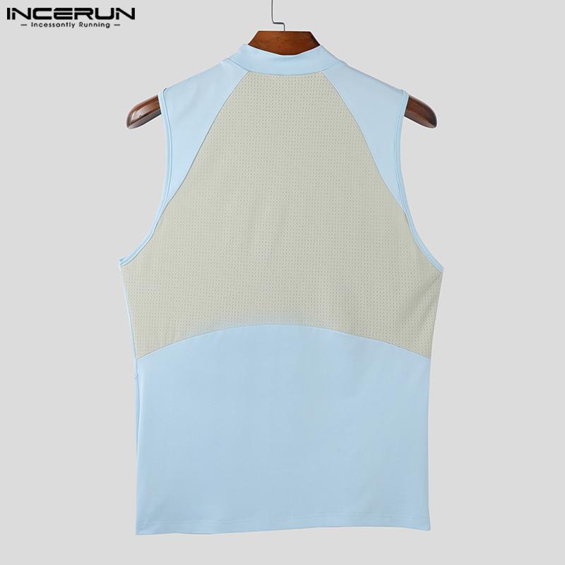 INCERUN Summer Men Sleeveless Back Patchwork Stretch Skinny Tank Tops T-shirts