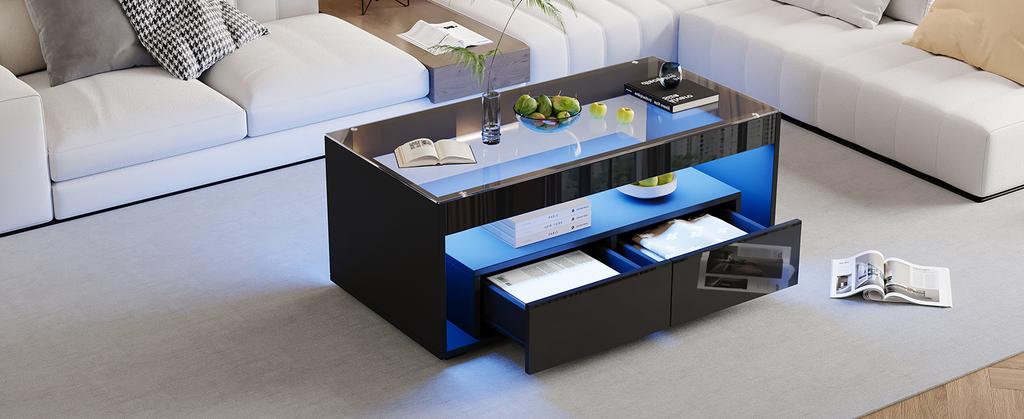 Modern Coffee Table with LED Light, Rectangular Sofa Table, 2 Large Drawers, Living Room Table Made of Glass, Double-Layer, High-Gloss, Black