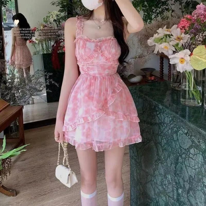 Pink summer super fairy seaside vacation waist high a word floral chiffon suspender dress temperament short skirt S