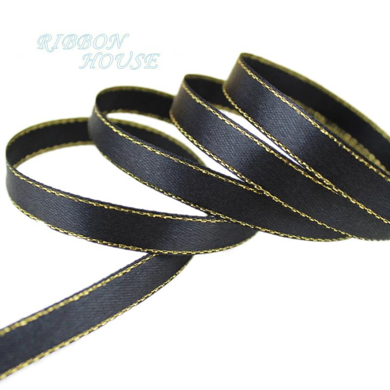 

(25 yards/lot)3/8 (10mm) satin ribbons black golden edge ribbon wholesale high quality gift packaging ribbons чёрный