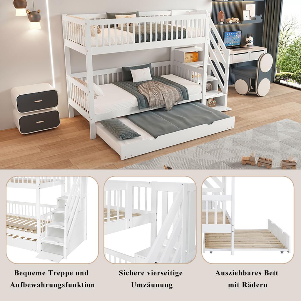 [53133456WAA]Etagenbett mit Ausziehbett, Schrank mit Leiter und Handlauf, Absturzsicherung an allen Seiten, Kiefer+MDF, Weiß, 90x200/190cm