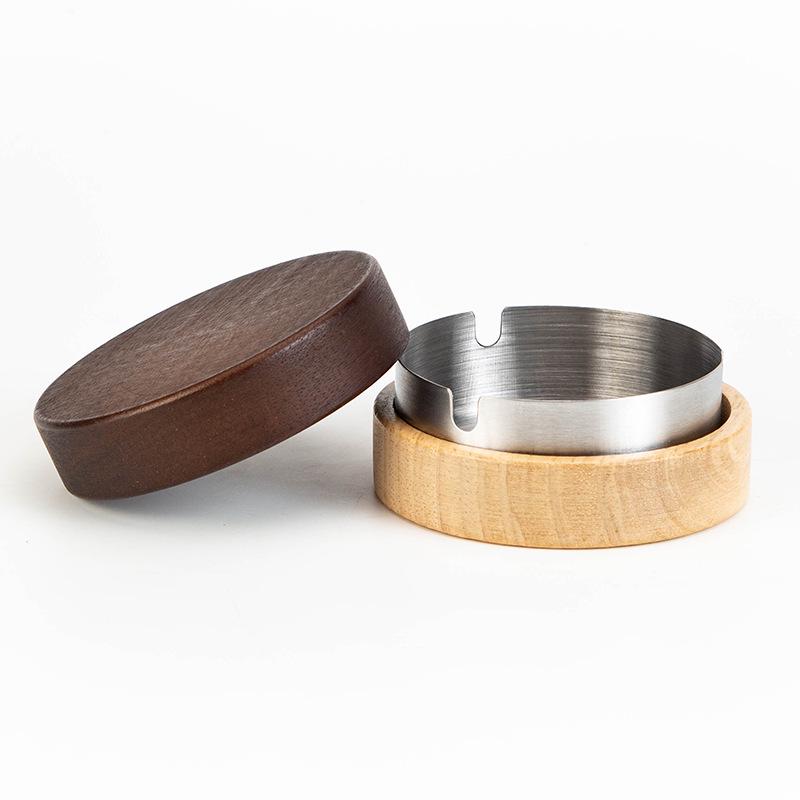 Walnut Wood Ashtray with Lid - Stainless Steel, High-End Design for Home or Office Use, Anti-Ash Flying