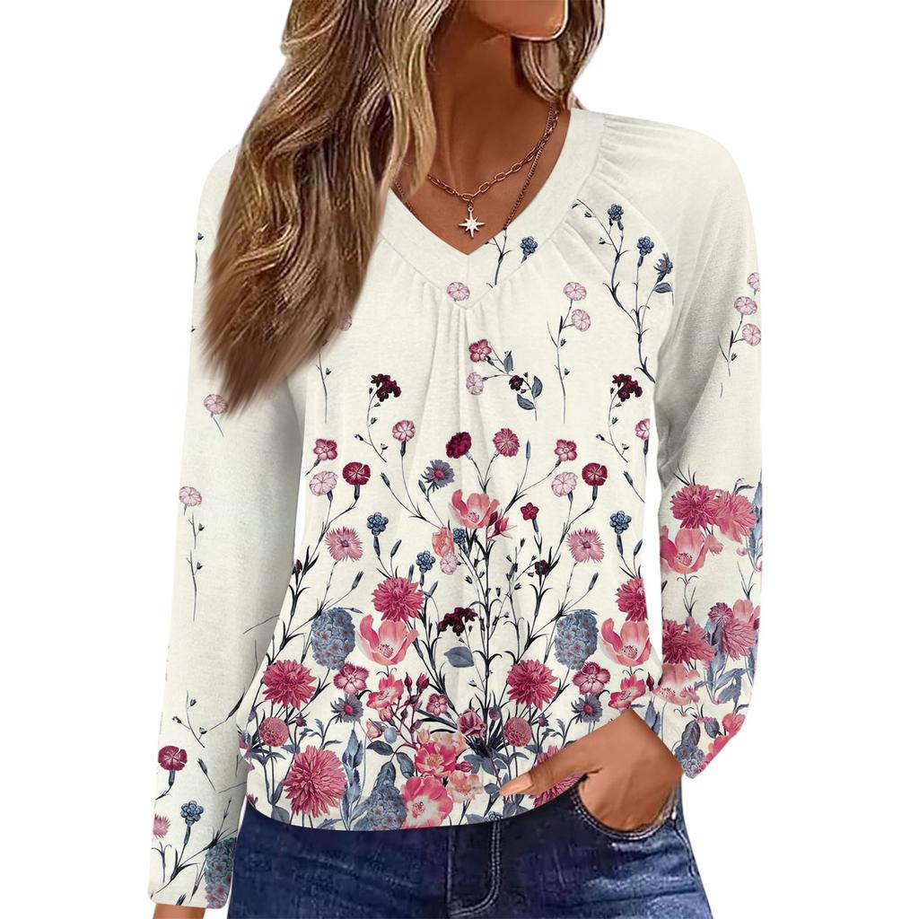 Women's Casual Fashion V-Neck Raglan Pleated Floral Print Long Sleeve Top