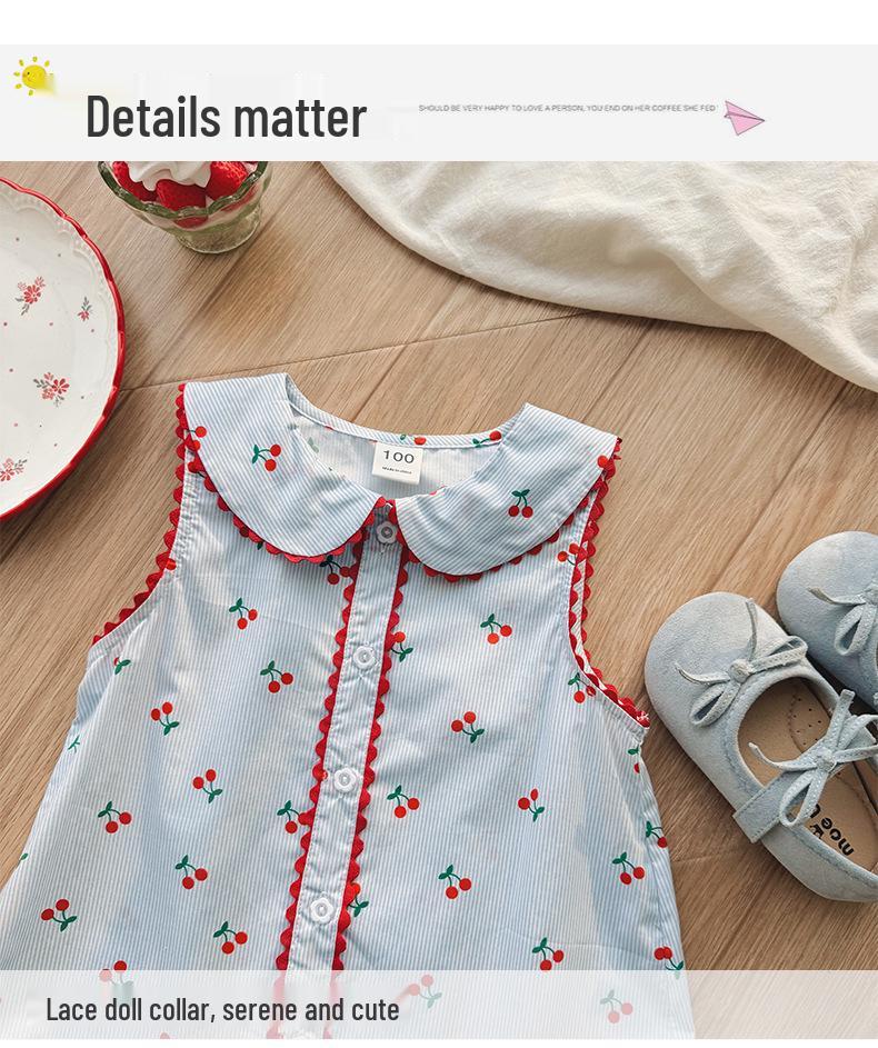 French Cherry Print Dolls Collar Lace Summer Pinafore Dress for Girls