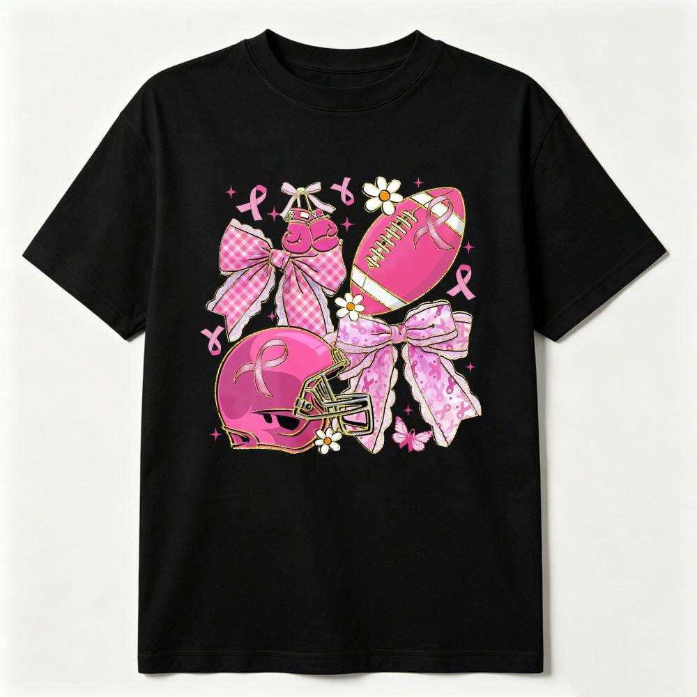 Preppy Football Breast Cancer Graphic T Shirt Coquette Breast Cancer Awareness Tee Ribbon Cheer Football Mom Girly Game Day Tops