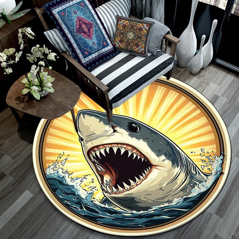 Great White Shark Round Area Rug,Carpet Rug for Living Room Bedroom Sofa Playroom Decor,Non-slip Floor Mat
