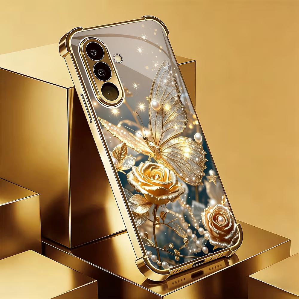 Butterfly Flower Electroplated Glass Phone Case Suitable for Samsung Galaxy S26 S25 S24 S23 S22 S20 FE/Ultra/Plus Anti Drop