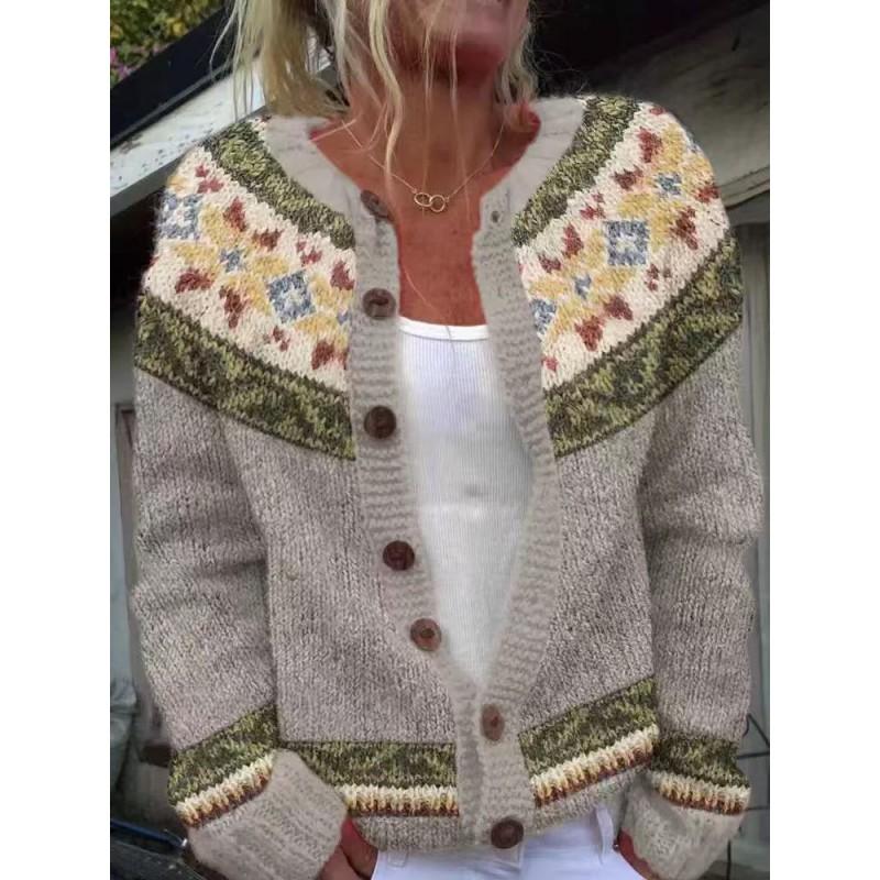 Womens Color Block Knit Cardigan Loose Fit Long Sleeve Geometric Casual Commute Style