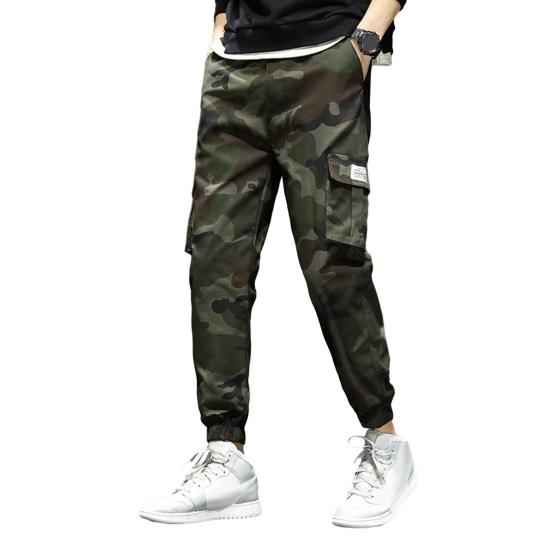 Men Outdoor Cargo Pants Multi Reinforced Pockets Camouflage Print Work Trousers Elastic Cuffs Long Jogger Pants