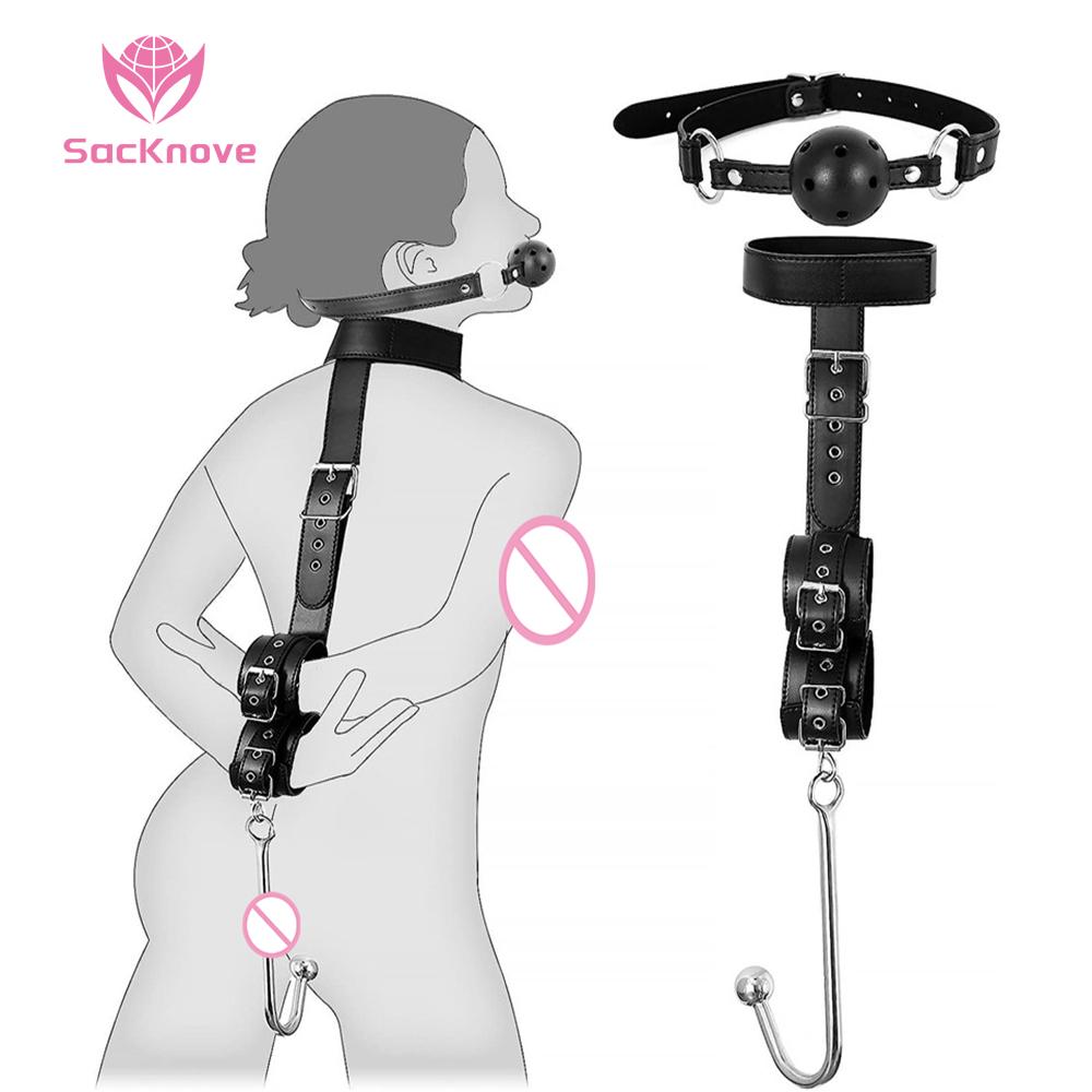 SacKnove China Bdsm Anal Hook Backhand Handcuffs Sex Toys Moth Gag Gear Set SM Bondage Kit for Woman Couples