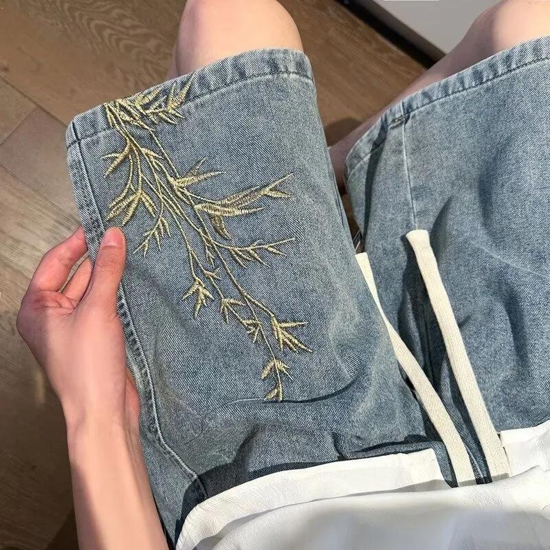 Men s Summer Retro Washed Embroidered Denim Shorts Loose Thin Streetwear Pants S