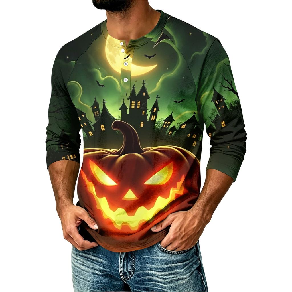 Men's Casual Shirt with Raglan Three-Quarter Sleeve, Halloween Graphic Print