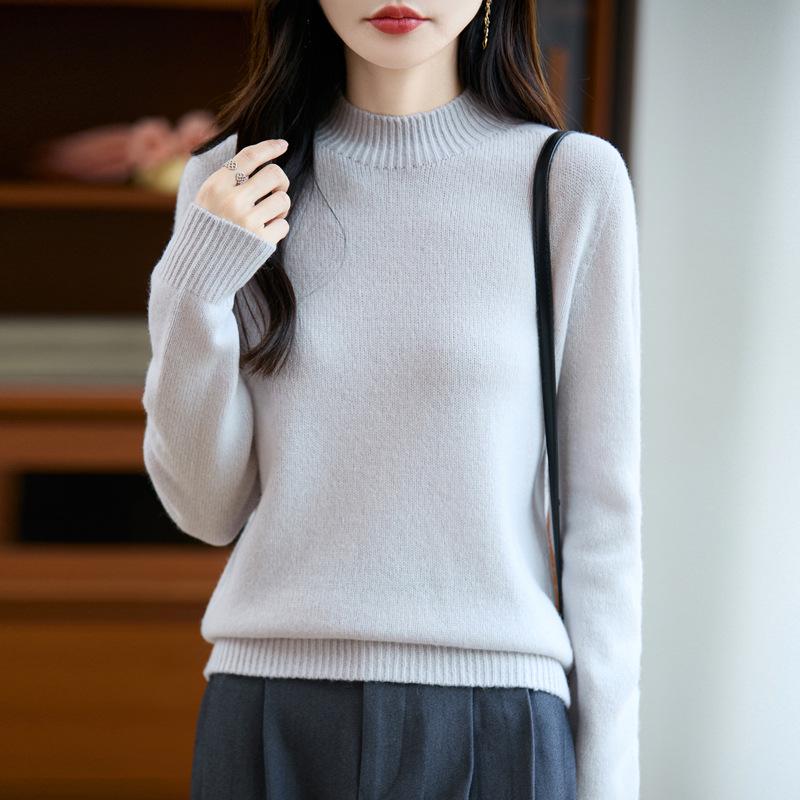 Women's Pure Color Wool Sweater - Half-High Collar, Loose Knit Pullover for Autumn/Winter