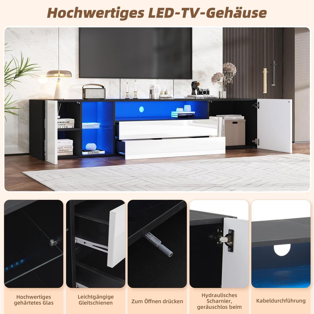 TV-Schrank LED, Hochglanz 2 Türen 2 Schubladen, TV-ständer Fernseher bis zu 75 Zoll, TV Lowboard Wohnzimmer, Esszimmer, 180cm, Schwarz & Weiß