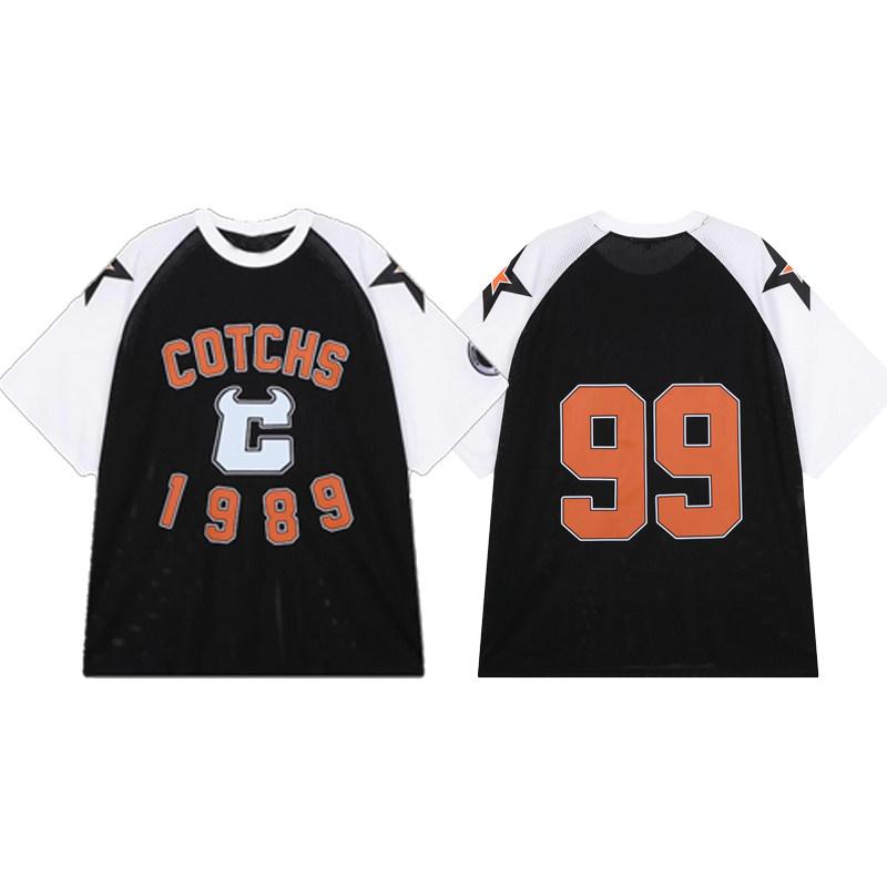 

Summer American high-street style letter print short-sleeved baseball jacket with shoulder patchwork design... XXS