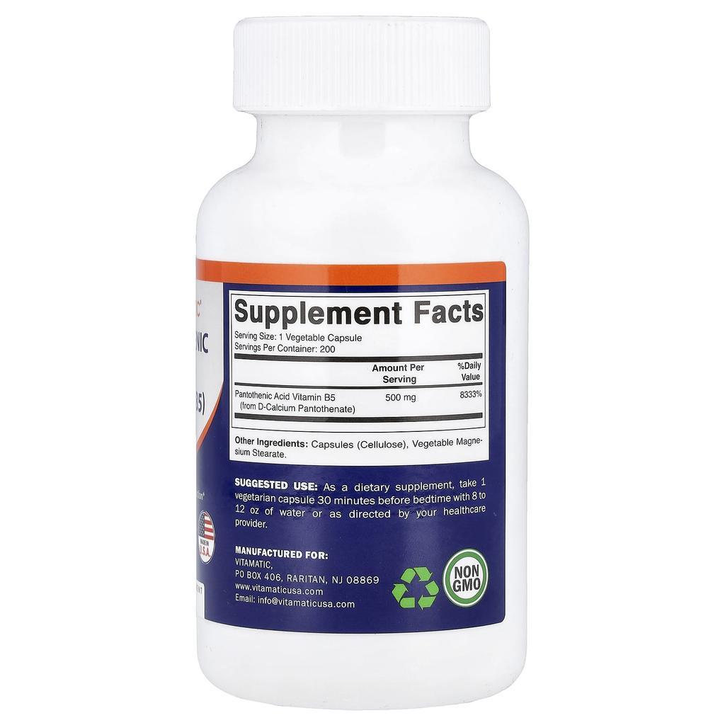 Vitamatic Pantothenic Acid, 500 Mg, 200 Veggie Capsules