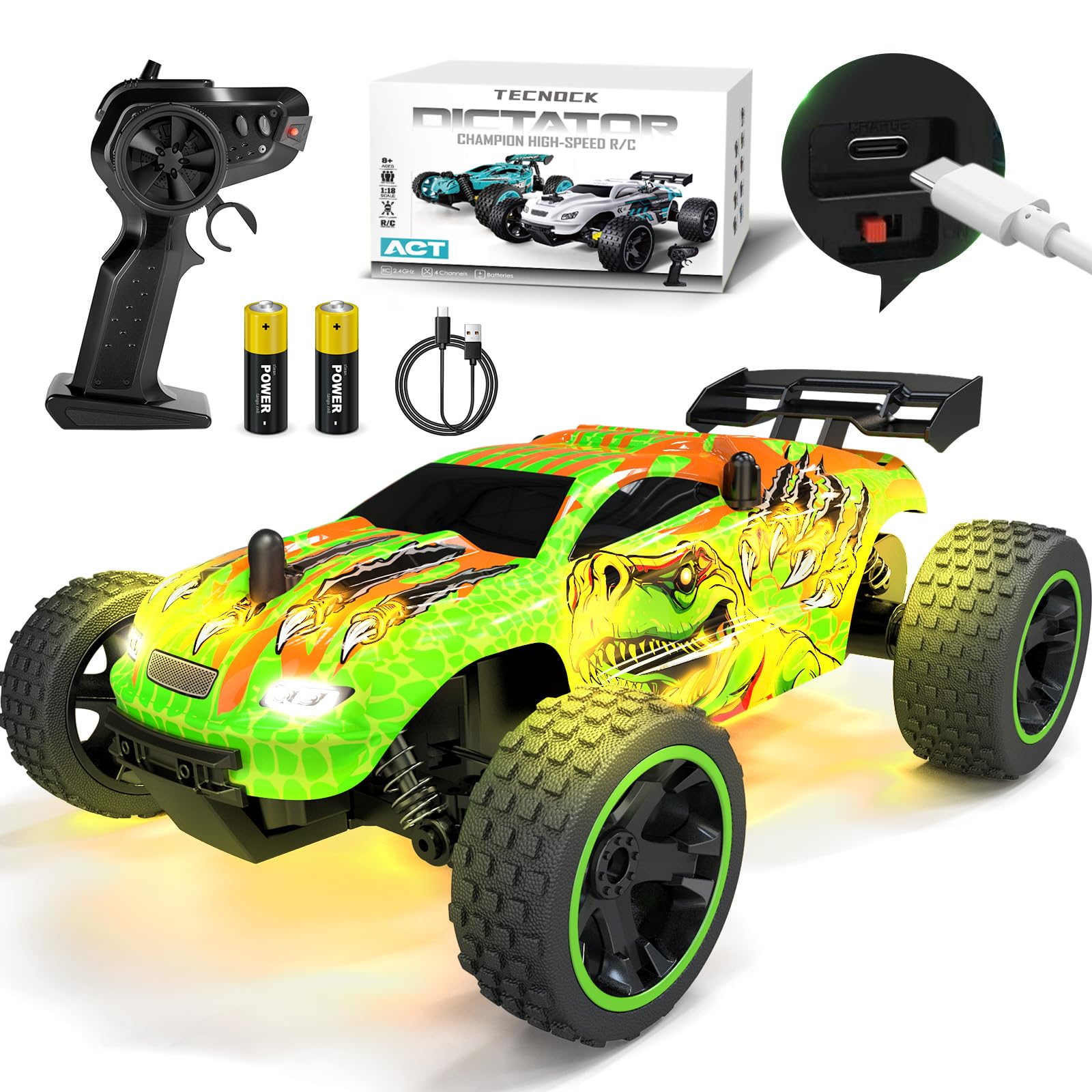 

Tecnock RC Car for USB Toy RC Birthday Gift Kids, Type-C Charging, Off-Road Car, 2.4Ghz Car, (Green Dinosaur)