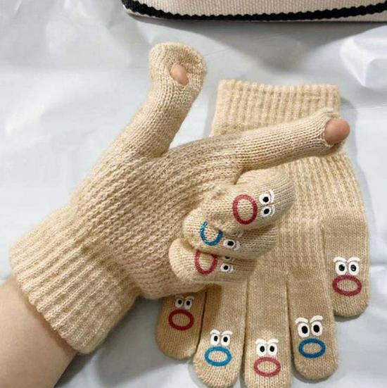 Funny Expression Fingerless Touchscreen Gloves for Women - Warm Knitted Wool for Autumn and Winter Cycling