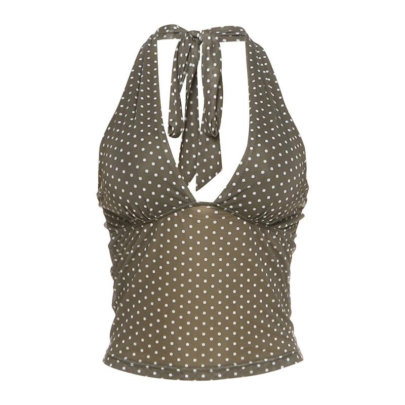 European and American summer new wholesale women's clothing Spice Girls sexy neck strap polka dot printed V-neck slim-fit vest