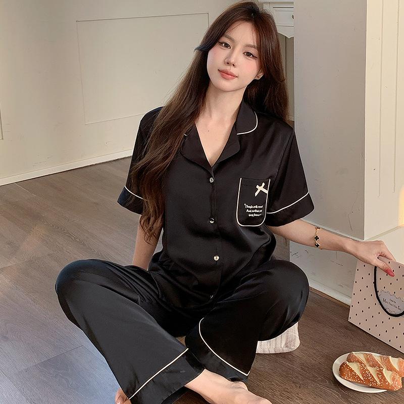Women's Summer Cooling Ice Skin Pajamas with Built-in Cups, Short Sleeves, Cardigan Style, No Bra Needed, Acetate Silk Homewear.