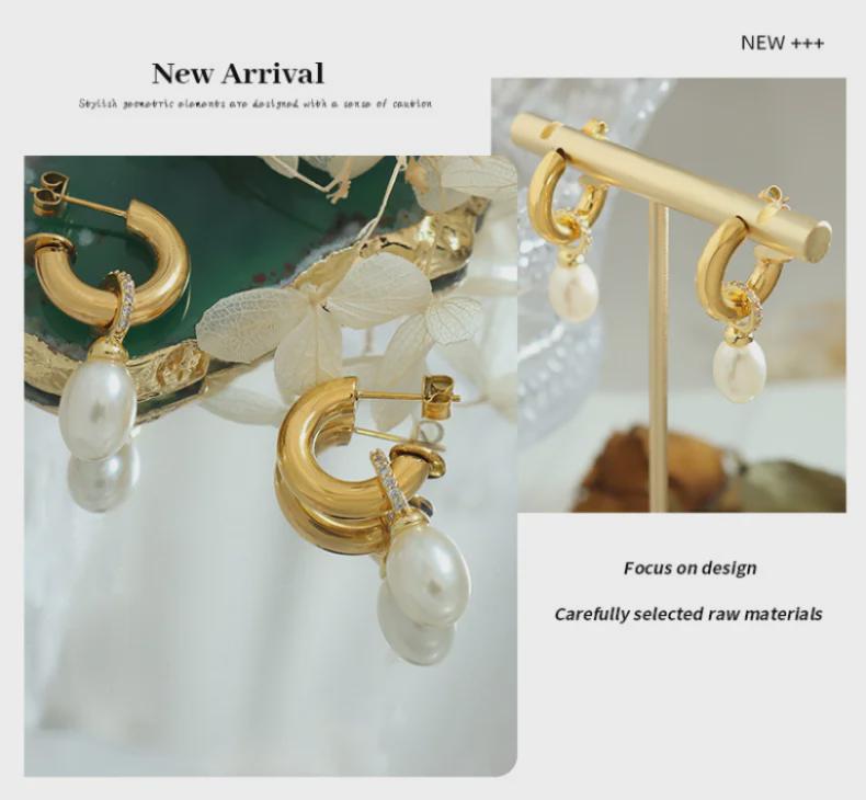 Baroque Pearl C-Shaped Titanium Earrings for Girls - Non-Fading, European & American Style