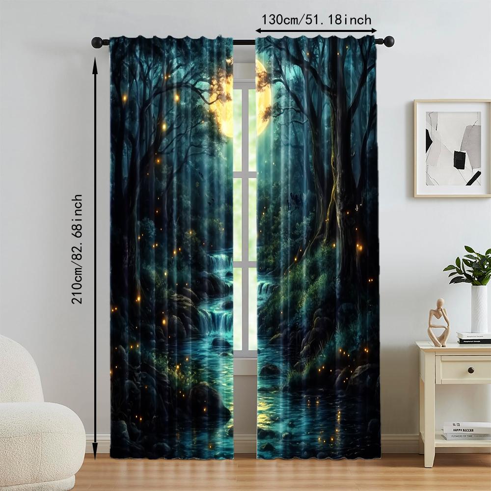 2 Stück, vielseitige transparente Polyestervorhänge zur Heimdekoration Wald Mond Bach Szene zur Verwendung in Schlafzimmern und Wohnzimmern