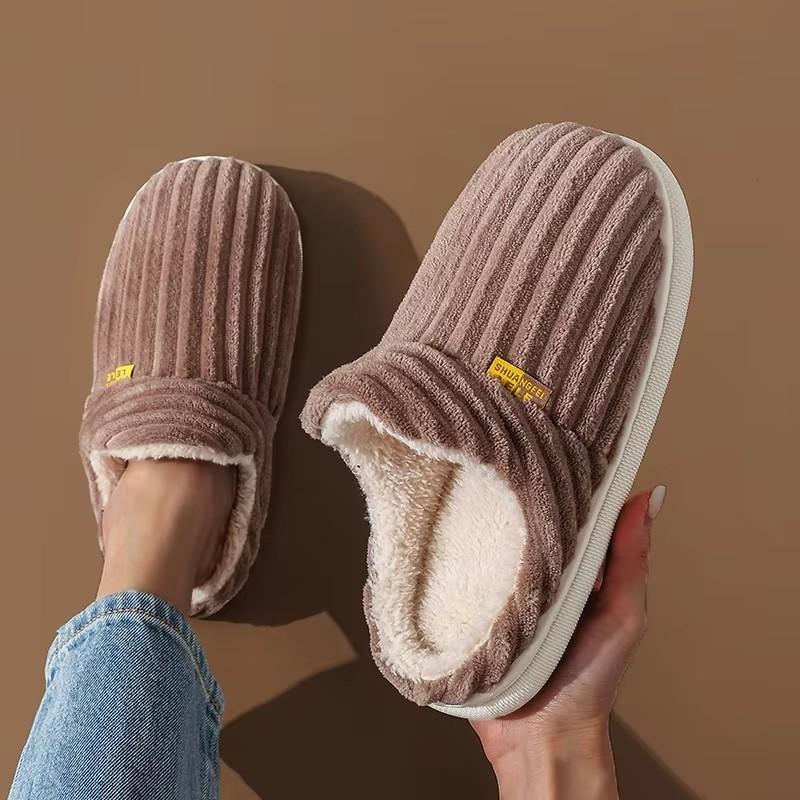 Fashion Winter Women Plush Slippers Slip On Warm Fluffy Mule Slides Concise Solid Color Flat Non-slip Women Men Home Casual Cotton Shoes