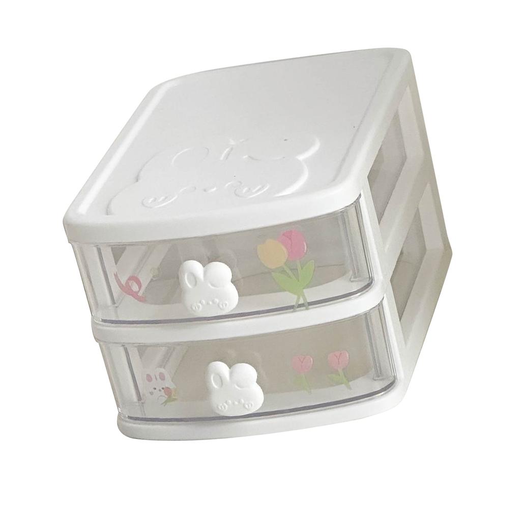 2 Tier Cute Plastic Drawer Organizer with Rabbit Handle Stackable White Plastic Desk Storage Box