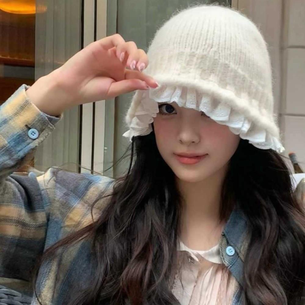 Lace Trim Knitted Fisherman Hat Solid Color Beanie Hat Sweet Women Bucket Hat Outdoor