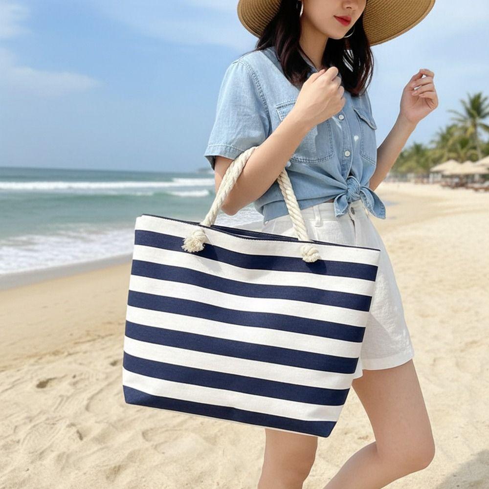 Striped Beach Tote Bag Large Capacity Foldable Travel Handbag Zipper Canvas Shoulder Bag For Travel Work Beach Gym Store