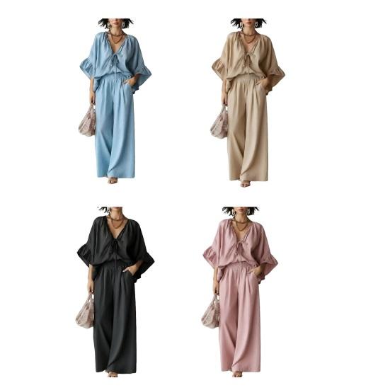 Conjuntos de Verano de 2 Piezas para Mujer, Top con Volantes de Media Manga y Cuello en V a Juego con Pantalones de Pierna Ancha, Conjuntos de Salón para Vacaciones con Bolsillos