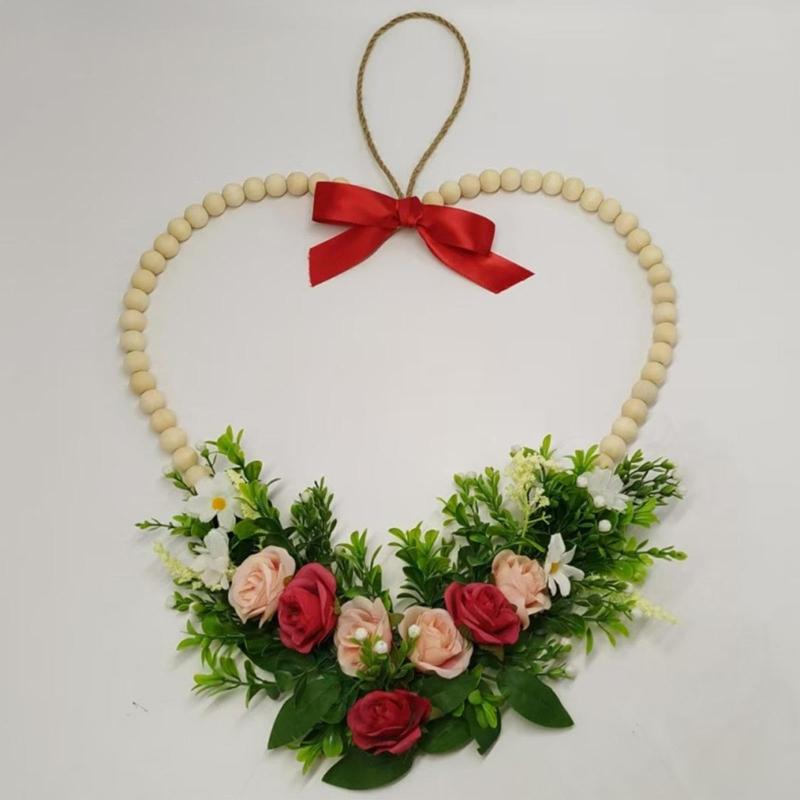 Romance Valentine's Day Heart Shape Wreath with Wood Beads Frame Red Ribbon and Simulated Flower for Festival Home Decors Measuring 36cm Wide 37cm