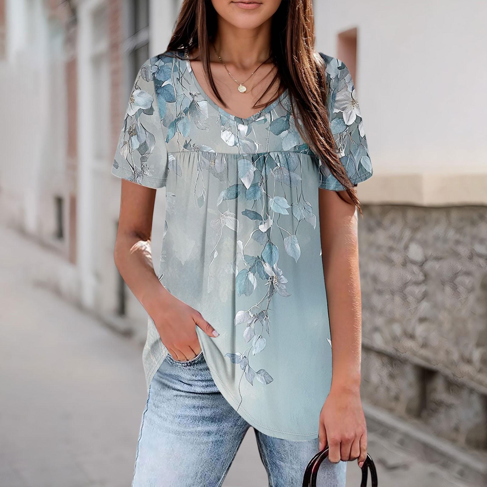 Women s Casual V-neck Short-sleeved Chest Pleated Short-sleeved Top L синий