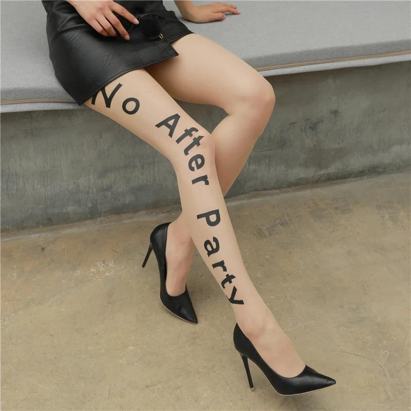 Gothic Punk Letter Printed Tights Ultra Thin Transparent Silk Medias De Mujer Fake Tattoos Pantyhose Pole Dance Clubwear