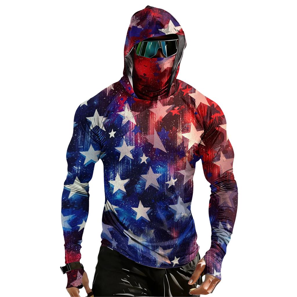 Men's Casual Raglan Sleeve Hooded Long Sleeve Sun Protection Shirt with Graphic Print for Outdoor Sports and Activities