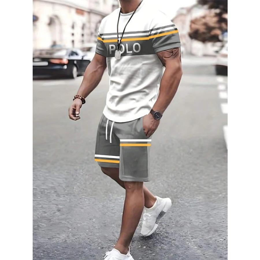 Plus Size Gradient Color Short Sleeve Shorts Set Men's Sports T-shirt Drawstring Shorts 2-piece Set Breathable T Shirt For Man