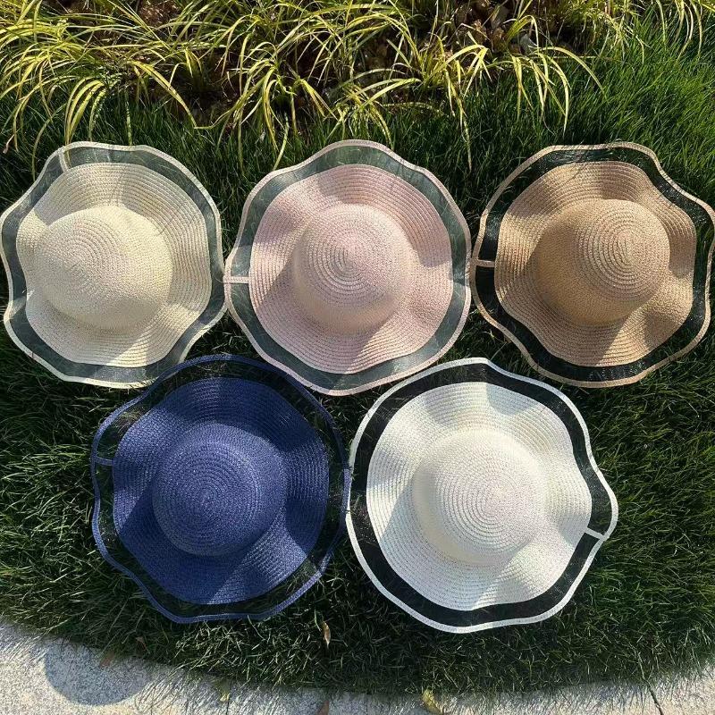 Mesh Wavy Edge Straw Hat Summer Travel Beach Sun Hat Breathable Sunshade Big Eaves Woven DIY Sunscreen Straw Hat