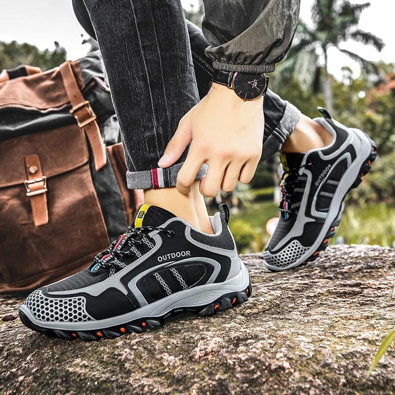 Fashion Men Hiking Shoes Leather Outdoor Trail Running Shoes Anti-slip Casual Hiking Training Sneakers Zapatillas Para Hombre Masculino