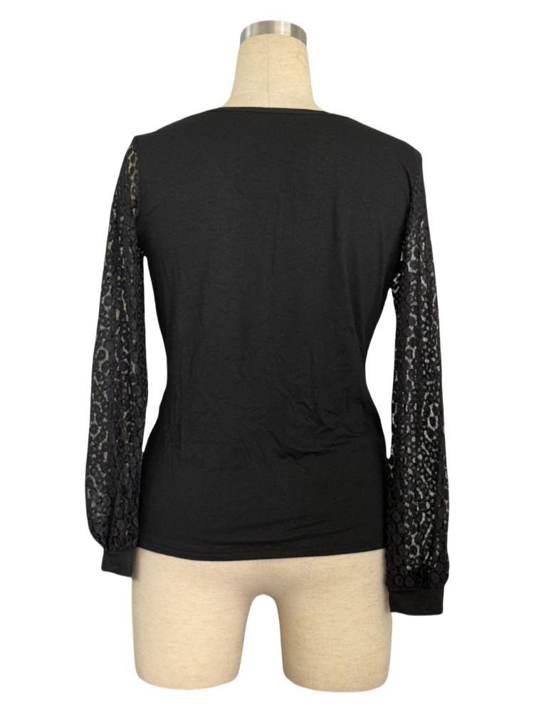 Tricou de primăvară uni, cu dantelă franțuzească împletită, mâneci felinar largi, încrucișat, topuri de damă versatile, esențiale în garderobă, articole de modă, cămașă