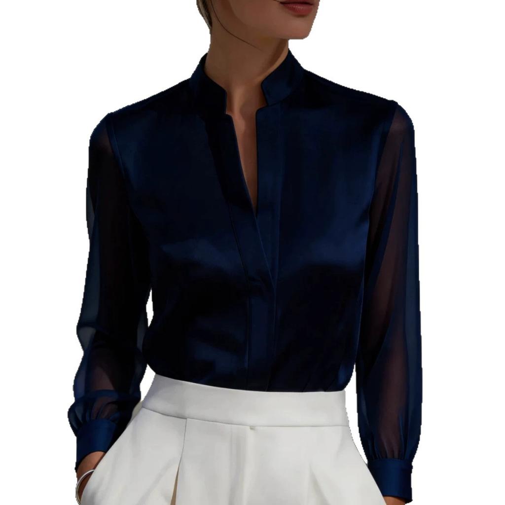Mesh-paneled Satin Stand-up Collar, Plain-coloured, Sophisticated-chic Women’s Blouse