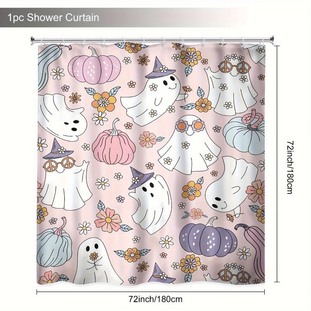 1/4Pcs Halloween Decoration Pink Cute Ghost Pattern Shower Curtain Bathroom Decor Halloween Decoration Indoor Showr Curtain