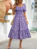 Floral Square Collar Ruched Waist Bubble Sleeve Layered Dress Sweet Style Dress